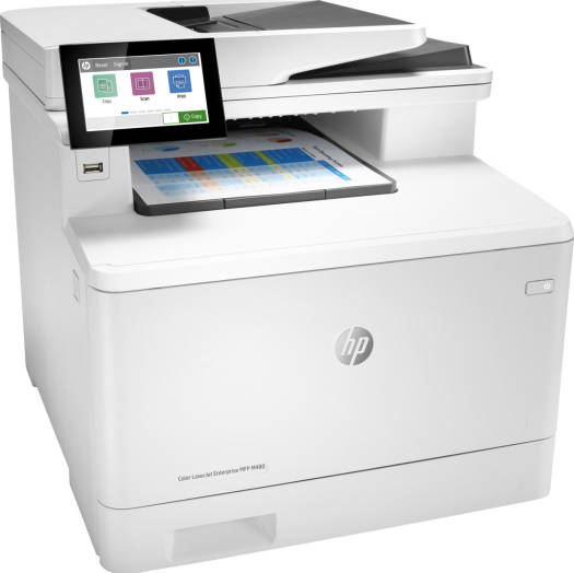 HP M480F Color LaserJet Enterprise multifunction printer with print speeds up to 29 ppm, automatic duplex, 4.3" color touchscreen, 50-sheet ADF, 250-sheet input tray, and print, copy, scan, and fax capabilities. Finished in white.