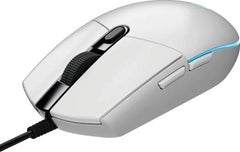 Logitech G203 Wired Gaming Mouse – optical sensor with 800 DPI, 6 programmable buttons, and LIGHTSYNC RGB lighting in white.