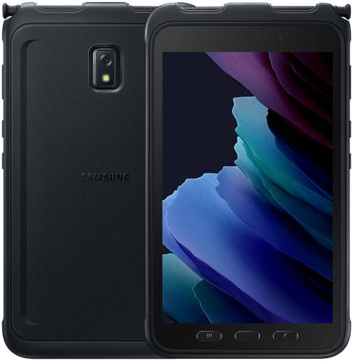 Samsung Galaxy Tab Active3, featuring an 8" WUXGA PLS TFT LCD display, 4GB RAM, 64GB storage, Exynos 9810 (10nm) chipset, 5050mAh battery, IP68-rated durability, in Black.