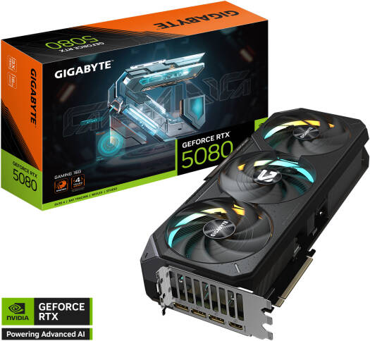 GIGABYTE GeForce RTX 5080 GAMING Graphics Card with 16GB GDDR7 256-bit memory, 2617 MHz boost clock, 30 Gbps memory speed, 10,752 CUDA cores, and PCI Express 5.0 interface.