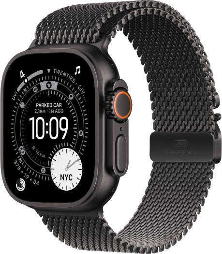 Apple Watch Ultra 3 Smartwatch with Always-On Retina Display, S10 Chip, up to 42 hours battery life, GPS + Cellular, 49mm Black Titanium Case, and Black Titanium Milanese Loop (Medium 155–185mm).