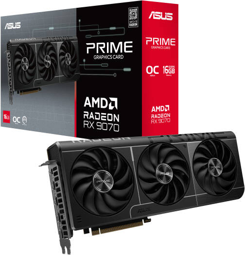 ASUS Prime Radeon RX 9070 OC Edition Graphics Card — 16GB GDDR6, PCIe 5.0, HDMI/DisplayPort 2.1, 2.5-slot design, axial-tech fans with dual ball bearings, dual BIOS, and ASUS GPU Guard.