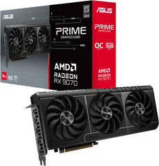 ASUS Prime Radeon RX 9070 OC Edition Graphics Card — 16GB GDDR6, PCIe 5.0, HDMI/DisplayPort 2.1, 2.5-slot design, axial-tech fans with dual ball bearings, dual BIOS, and ASUS GPU Guard.