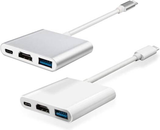 Silver HDMI 4K Adapter with USB‑C (Type‑C) to HDMI 4K connectivity, featuring a USB 3.0 port and a USB‑C charging port.
