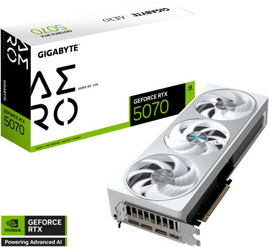 Gigabyte GeForce RTX 5070 AERO OC Graphics Card – 12GB GDDR7 192-bit memory, 2625 MHz core clock, 28 Gbps memory speed, 6,144 CUDA cores, PCI Express 5.0 interface, White.