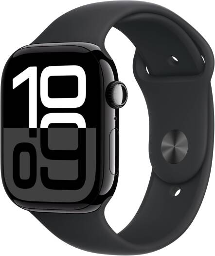 Apple Watch Series 10 (GPS + Cellular, 46mm) featuring a jet-black aluminum case, black sport band (M/L), always-on Retina display, water-resistant build, TRA version.
