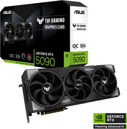 ASUS TUF Gaming GeForce RTX 5090 OC Edition Graphics Card featuring 32GB GDDR7 (512-bit), 2550 MHz boost clock, 21,760 CUDA cores, and PCIe 5.0 support.