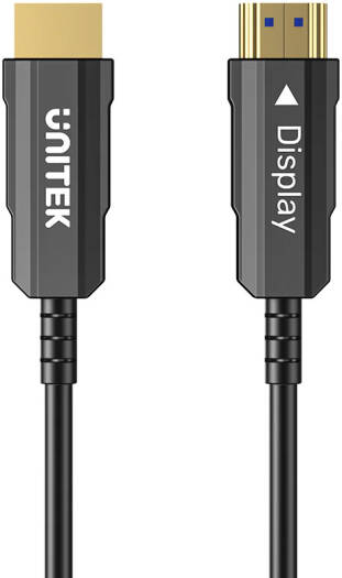 Unitek 25-Meter HDMI Fiber Optic Cable with 4K@60Hz support, delivering 18Gbps high-speed data transfer, HDR and Dolby Vision compatibility, HDCP 2.2, ARC, and 3D support, featuring a durable alloy housing in black.