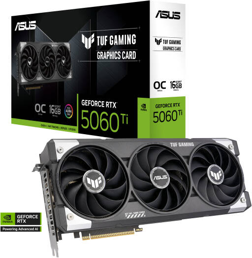 ASUS TUF Gaming GeForce RTX 5060 Ti 16GB GDDR7 OC Edition Graphics Card — 16GB GDDR7 (128-bit), 2662 MHz boost clock, 28 Gbps memory speed, 4608 CUDA cores, PCIe 5.0