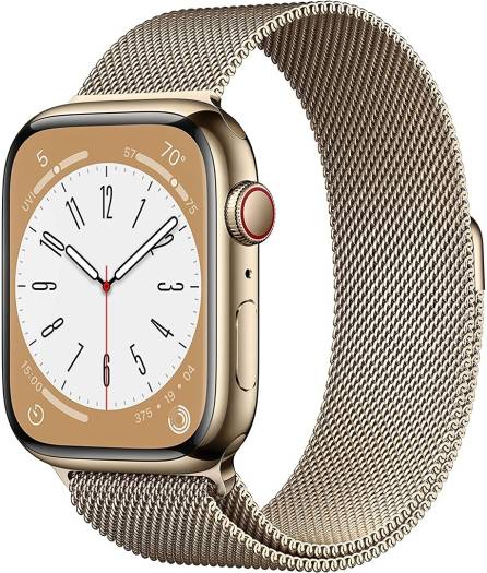 Apple Watch Series 8 with GPS + Cellular, 45mm size, gold stainless steel case paired with a gold Milanese loop, crack and dust resistant, offering all-day battery life in a gold finish