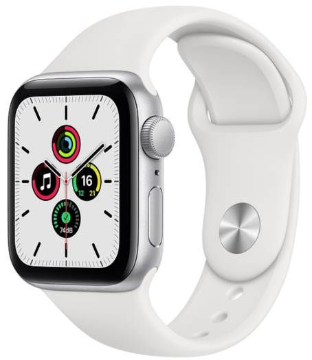 Apple Watch SE with GPS + Cellular, 40mm silver aluminum case, paired with a silver sport band