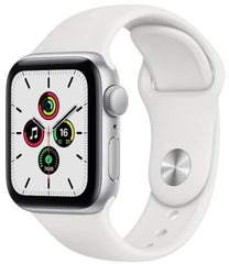 Apple Watch SE with GPS + Cellular, 40mm silver aluminum case, paired with a silver sport band