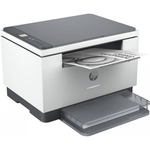 HP M236d LaserJet multifunction printer with print, copy, and scan functions, offering up to 29 ppm print speed, a 150-sheet input tray, and USB 2.0 connectivity. Finished in white and gray.
