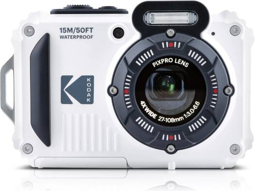 Kodak PIXPRO WPZ2 digital camera in white, featuring a 16MP CMOS sensor, 4× optical zoom, 2.7-inch LCD, RAW file support, waterproof and rugged design, and Full HD 1080p video recording.