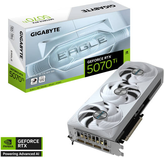 Gigabyte GeForce RTX 5070 Ti EAGLE OC ICE SFF Graphics Card with 16GB GDDR7 256-bit memory, 2542 MHz boost clock, 28 Gbps memory speed, and 8960 CUDA cores, built on the PCI Express 5.0 platform.