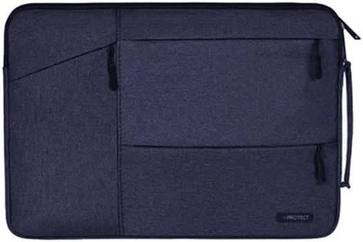 PROTECT 13" laptop sleeve bag in blue, crafted from premium water-resistant fabric, compatible with laptops and MacBooks up to 13.3 inches.