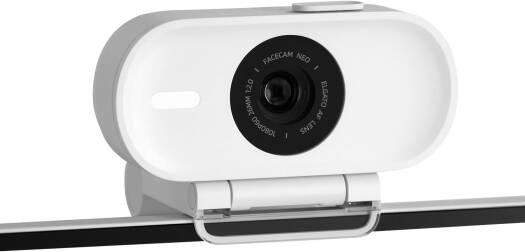 Elgato Facecam Neo – webcam featuring a 1/2.9" CMOS sensor, Elgato AF lens with autofocus optics, 26 mm full-frame equivalent focal length, f/2.0 aperture, 77° field of view, and USB-C connectivity, in white.