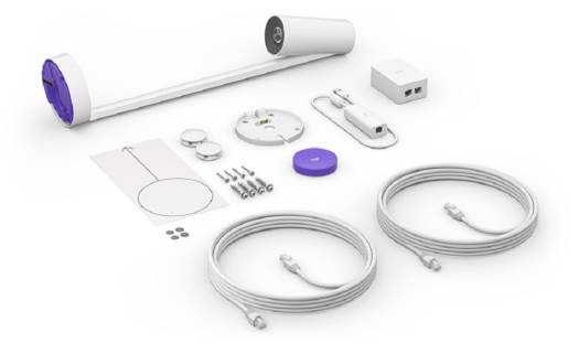 Logitech Scribe whiteboard camera for conference rooms, delivering 1080p video at 15fps, with AI-enhanced image processing and 100–240V auto-switching power support — White finish.