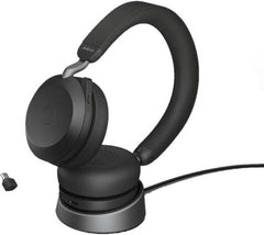 Jabra Evolve2 75 UC Stereo USB-A Over-Ear Headset with up to 100 ft wireless range, Bluetooth connectivity, Link 380a charging stand, up to 36 hours of battery life, and a black finish.
