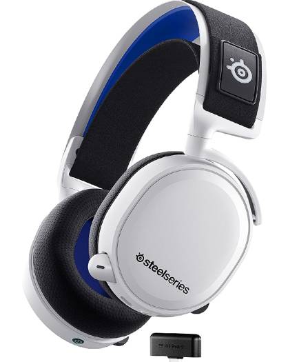 SteelSeries Arctis 7P+ Wireless Gaming Headset with lossless 2.4 GHz connectivity, up to 30 hours of battery life, USB-C charging, 7.1 surround sound, compatible with PC, PS5, PS4, Mac, and Android, in white.