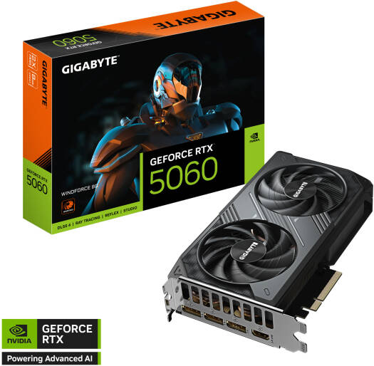 GIGABYTE GeForce RTX 5060 OC Low Profile Graphics Card with 8GB GDDR7 128-bit memory, 2512 MHz boost clock, 28 Gbps memory speed, 3840 CUDA cores, and PCI Express 5.0 interface.