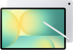 Samsung Galaxy Tab S10 FE, 10.9" WUXGA+ TFT display, Exynos 1580 chipset, 8GB RAM, 128GB storage, Xclipse 540 GPU, includes S-Pen, 5G connectivity, 8000mAh battery, in Silver.