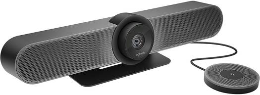 Logitech MeetUp camera with expansion microphone, delivering HD video and audio conferencing, featuring a 120° field of view, 4K optics, and an expansion mic range of 8–14 ft, in black.
