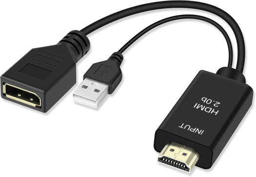 Generic HDMI Male to DisplayPort Female Cable in black, featuring built-in IC chip, latch design, and support for 4K and 1080p resolutions.