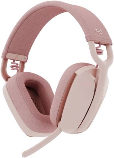 Logitech Zone Vibe 100 Wireless Headset in Rose, featuring 40mm audio drivers, Bluetooth connectivity with up to 30m range, a flip-to-mute noise-canceling microphone, 20-hour battery life, memory foam and fabric cushioning, and USB-C charging.