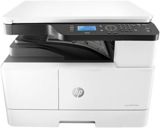 HP LaserJet MFP M438n – Multifunction laser printer with Print, Copy, and Scan functions, up to 24 ppm print speed (Black), up to 22 cpm copy speed, 1200 x 1200 dpi resolution, 4-line LCD display, flatbed scanner, White.