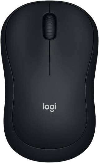 Logitech M185 Wireless Mouse – ambidextrous design with 1000 DPI optical tracking, 2.4 GHz wireless connection via USB mini receiver, compatible with PC, Mac, and laptops, in black.