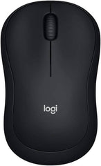 Logitech M185 Wireless Mouse – ambidextrous design with 1000 DPI optical tracking, 2.4 GHz wireless connection via USB mini receiver, compatible with PC, Mac, and laptops, in black.