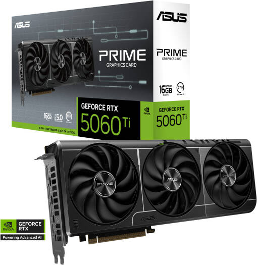 ASUS PRIME GeForce RTX 5060 Ti Graphics Card with 16GB GDDR7 (128-bit), 2572 MHz boost clock, 28 Gbps memory speed, 4608 CUDA cores, and PCIe 5.0 support.
