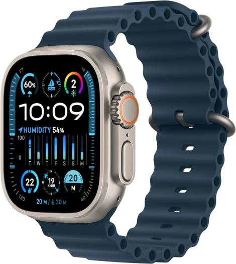 Apple Watch Ultra 2 (GPS + Cellular, 49mm) featuring a rugged titanium case, blue Ocean band, bright Retina display, fitness tracking, precision GPS, Action button, and extended battery life.