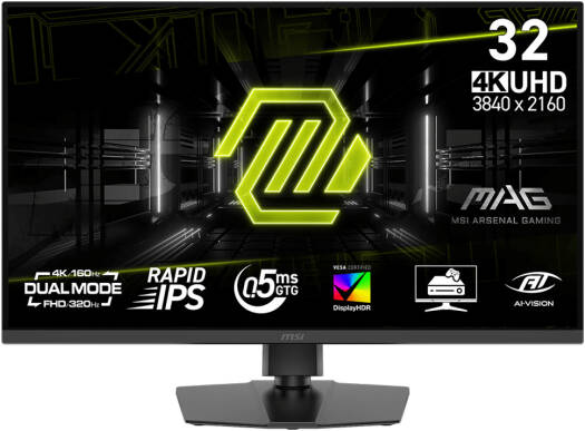 MSI MAG 322URDF E16 Gaming Monitor – Black, featuring a 32" Rapid IPS display with 4K UHD at 160Hz and FHD at 320Hz, 0.5ms (GtG) response time, DisplayHDR 400, and Adaptive-Sync technology for smooth, high-performance gaming.