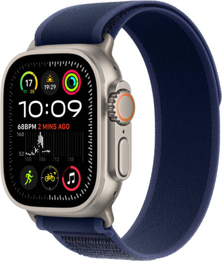 Apple Watch Ultra 2 featuring an always-on Retina display, S9 SiP dual-core chip with a 4-core neural engine, watchOS 11, GPS + Cellular, a 49mm natural titanium case, and an M/L blue Trail Loop band.