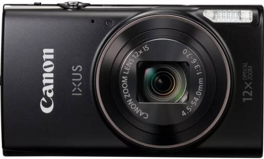 Canon IXUS 285 HS Digital Camera – Black, featuring a 20.2 Megapixel CMOS Sensor, DIGIC 4+ Processor, 12x Optical Zoom with Ultra-Wide Angle (24x ZoomPlus), 3.0-inch LCD Display, ISO 80–3200, Built-in Flash, and Wi-Fi & NFC Connectivity.