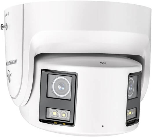 Hikvision 8MP Panoramic ColorVu Fixed Turret Network Camera with dual 1/1.8" progressive scan CMOS sensors, 4mm fixed lens, F1.0 aperture, and fixed iris, in white.