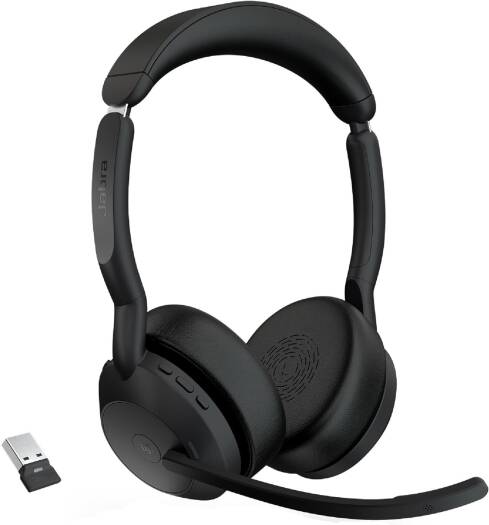 Jabra Evolve2 55 Link380a USB-A MS Stereo Wireless Headset featuring 28 mm drivers, active noise cancellation, a built-in microphone, up to 18 hours of battery life, a USB-A dongle, and a sleek black finish.