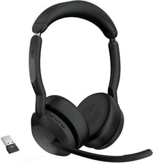 Jabra Evolve2 55 Link380a USB-A MS Stereo Wireless Headset featuring 28 mm drivers, active noise cancellation, a built-in microphone, up to 18 hours of battery life, a USB-A dongle, and a sleek black finish.