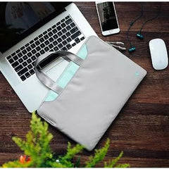 Tomtoc ultra-slim 13" laptop sleeve handbag in gray-teal, compatible with MacBook Pro, MacBook Air, and Microsoft Surface.