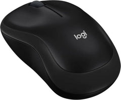 Logitech M185 Wireless Mouse – ambidextrous design with 1000 DPI optical tracking, 2.4 GHz wireless connection via USB mini receiver, compatible with PC, Mac, and laptops, in black.