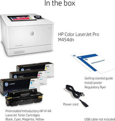 HP Color LaserJet Pro M454dn color printer with 28 ppm print speed, 600×600 dpi resolution, automatic duplex printing, LCD display, 50-sheet multipurpose tray, 250-sheet input tray, and USB & Ethernet connectivity.