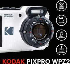 Kodak PIXPRO WPZ2 digital camera in white, featuring a 16MP CMOS sensor, 4× optical zoom, 2.7-inch LCD, RAW file support, waterproof and rugged design, and Full HD 1080p video recording.