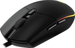 Logitech G203 Wired Gaming Mouse – features an 800 DPI optical sensor, 6 programmable buttons, and LIGHTSYNC RGB lighting in black.