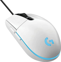 Logitech G203 Wired Gaming Mouse – optical sensor with 800 DPI, 6 programmable buttons, and LIGHTSYNC RGB lighting in white.
