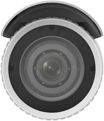 Hikvision 4 MP Varifocal Bullet Network Camera featuring a 2.8–12 mm adjustable lens, up to 50 m infrared range, support for up to 256 GB SD card storage, H.265+ video compression, IP67-rated protection, and a white casing.