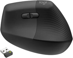 Logitech Lift Vertical Ergonomic Mouse – designed for business use with a vertical ergonomic shape, Logi Bolt USB receiver, 4000 DPI sensitivity, multi-OS compatibility, 10 m wireless range, 2-year battery life, quiet clicks, smart wheel, in graphite.