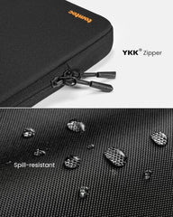 A black Tomtoc Defender-A13 laptop sleeve for 13-inch MacBook or Surface Laptop, providing 360° protection with patented CornerArmor, crafted from durable recycled fabric, and finished with YKK zippers.