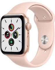 Apple Watch SE with GPS, 44mm gold aluminum case, paired with a gold sport band